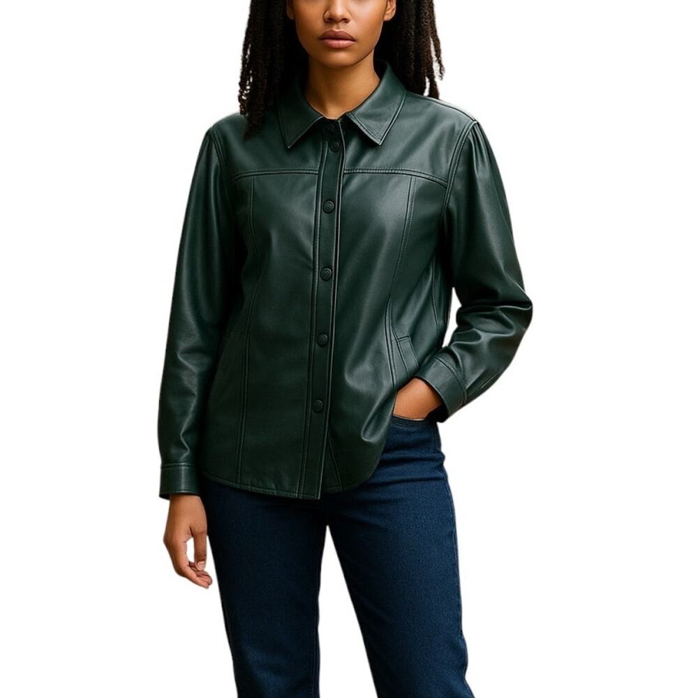 Blank NYC Green Faux Leather Puff Sleeve Button Up Shirt Shacket
